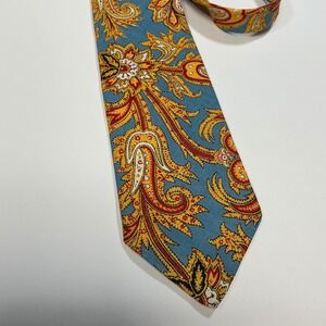 Johnny Carson Paisley Necktie Blue Gold‎ Red Floral Silk Blend Vintage